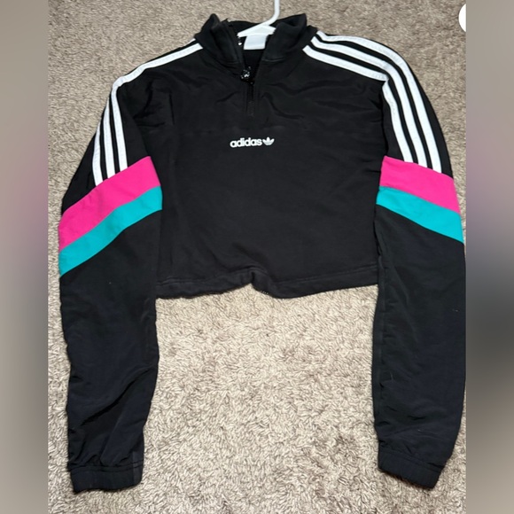 adidas Jackets & Blazers - Adidas Black Cropped crewneck with Pink and Teal Accents